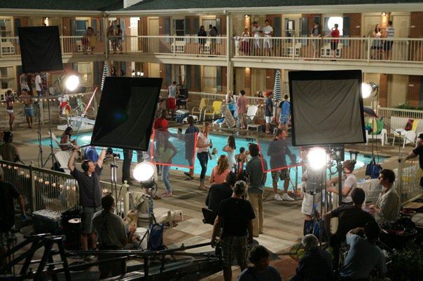 Movie set at a hotel pool