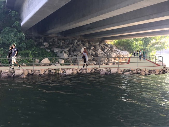 Under bridge view of riverwalk path