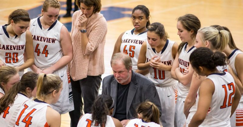 Lakeview Women's basketball team in a huddle